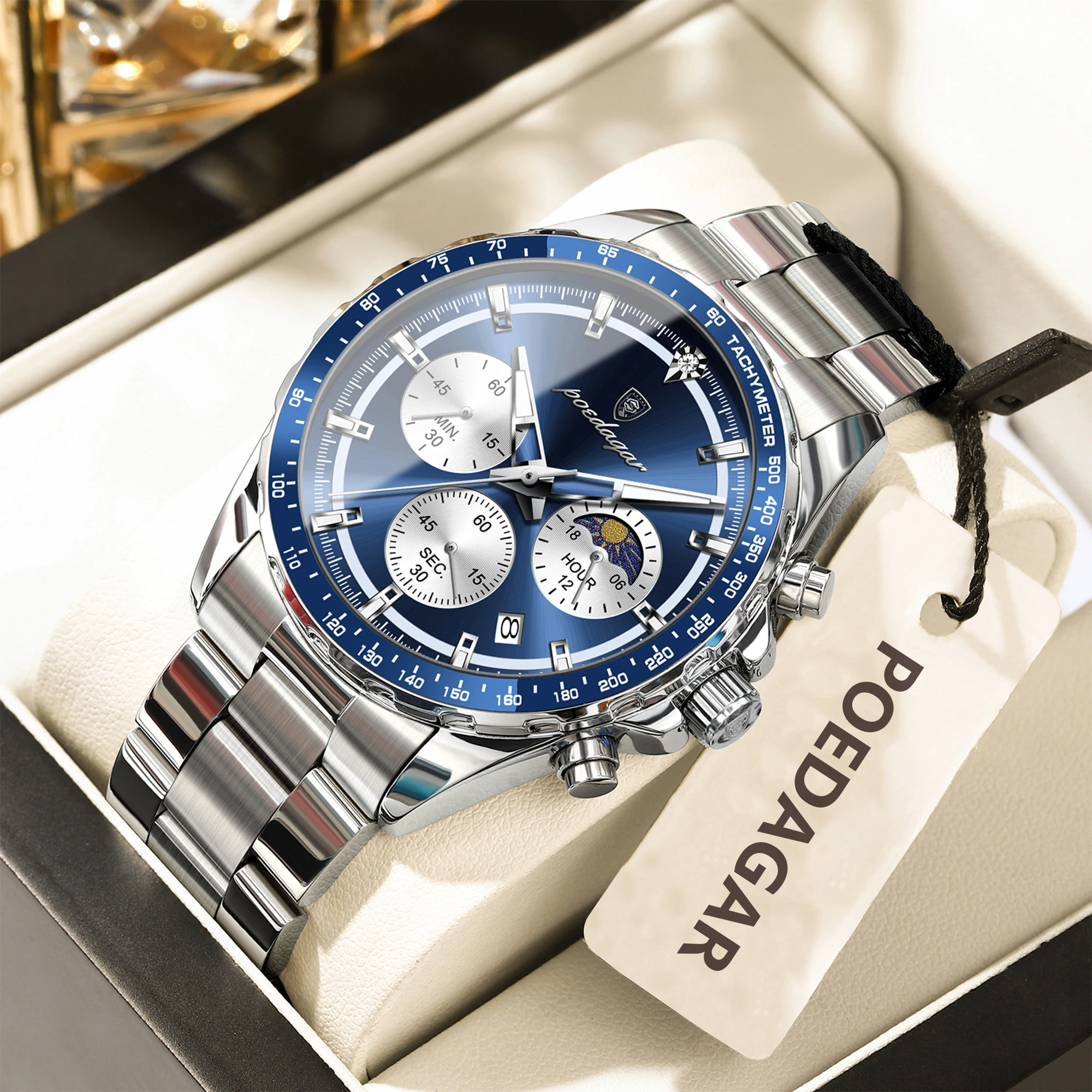 Reloj POEDAGAR de lujo para hombre, Reloj de pulsera luminoso de acero inoxidable resistente al agua para hombre, cronógrafo con fecha, relojes de cuarzo a la moda para hombre