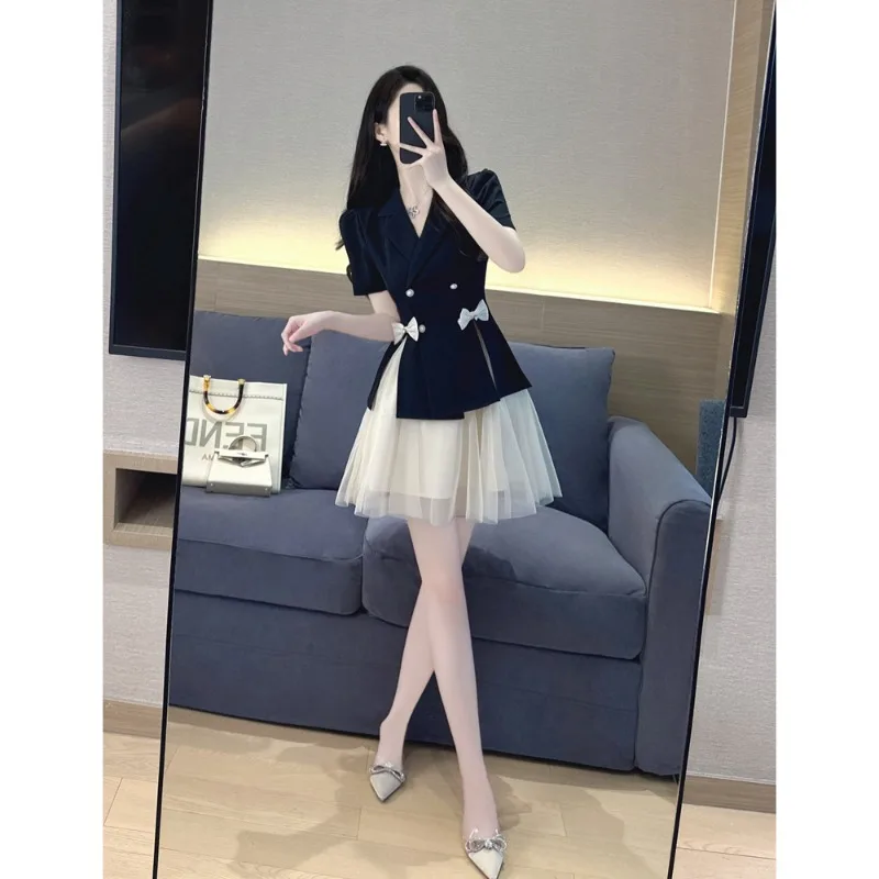 

New Summer Fashion Office Lady Women's Two Piece Set Sweet Bow Lapel Puff Short Sleeve Jacket Top + A-line Mesh Mini Skirt Suit