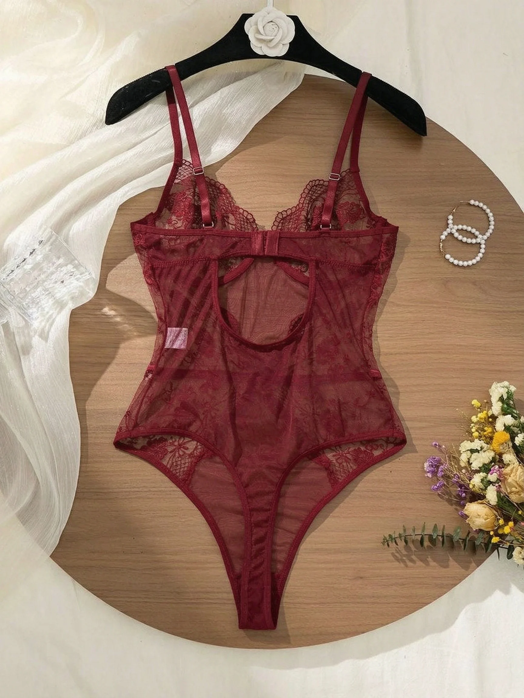 Black Lace Bodysuit with Floral Embroidery Sexy High-Waist Triangle Panties Strap Design Shapely Cutout to Highlight Women's Cur image 6