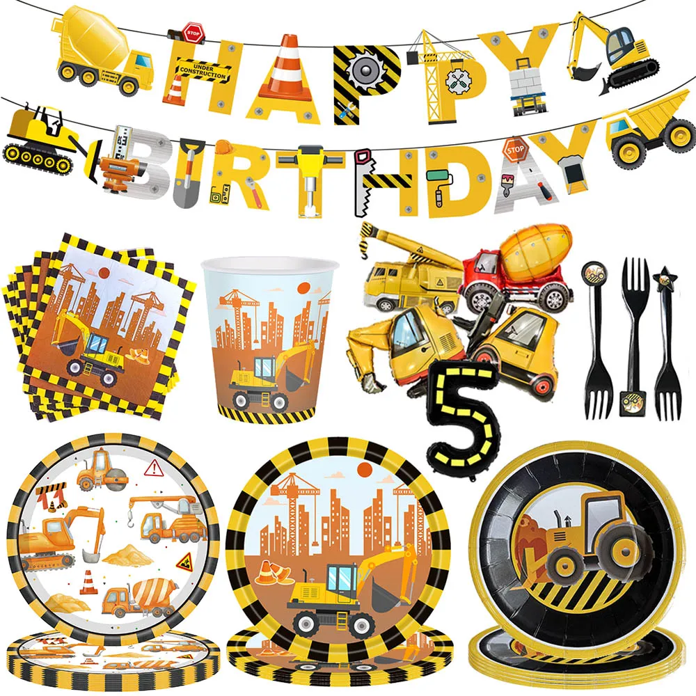 Construction Birthday Decorations Disposable Tableware Happy Birthday Banner Construction Birthday Party Supplies for Kids Boys