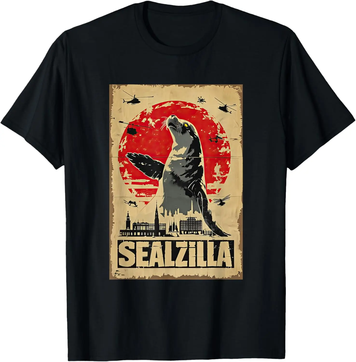 Sealzilla Kaiju Attack Vintage Japanese Art Style Graphic Tee Soft Cotton T-Shirt