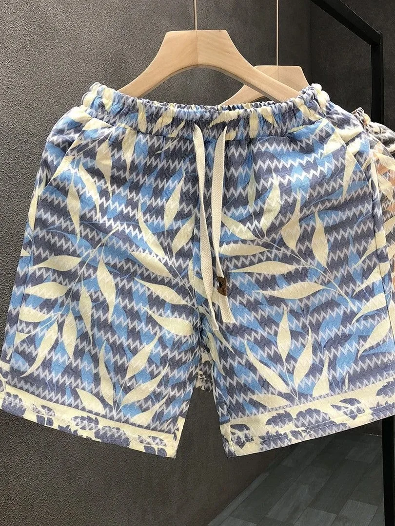 

Leaf Print Quick Dry Ice Silk Men's Shorts Summer Fashion Brand Wave Pattern Casual Sports Leisure Pants Beach Style Loose Fit
