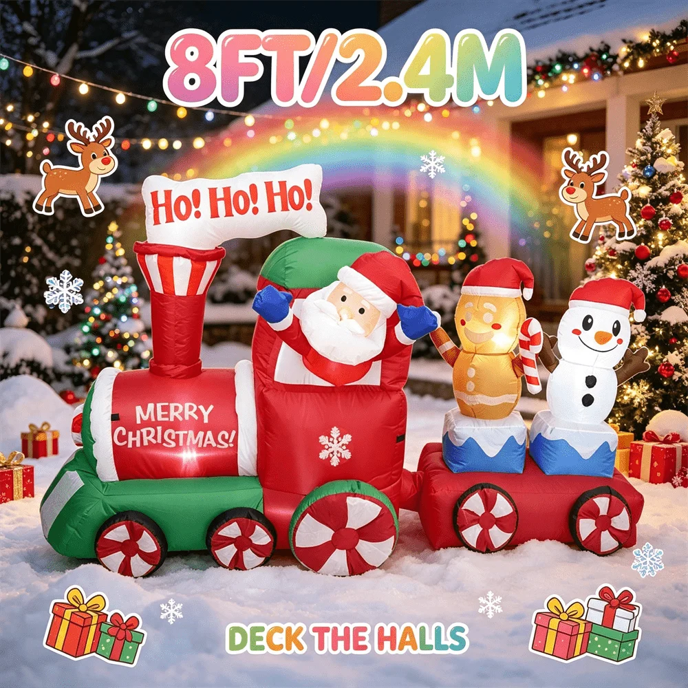 8FT Christmas Train Inflatable Toy Santa Gingerbread Snowman Build-in LED Light Blow Up Yard Outdoor Holiday Decoration
