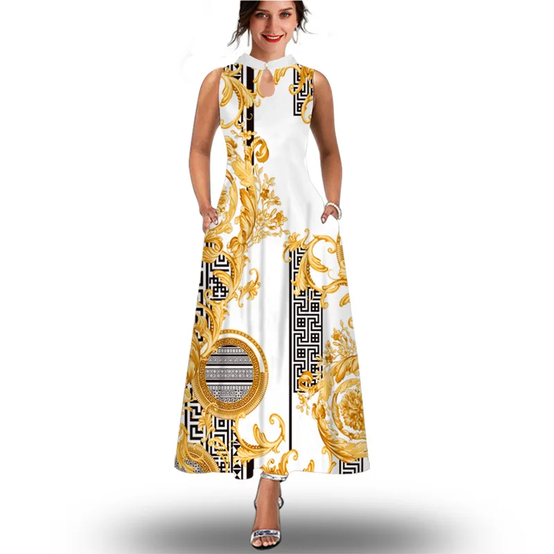 2022-Border European and American Sleeveless Dress Women's Casual Printed Pocket Large Swing Dress Bohemian Beach Dress