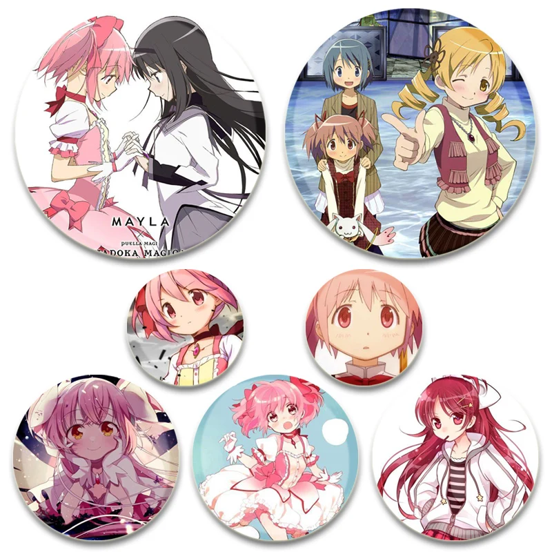 44/58mm Puella Magi Madok Magica HD Print Brooch Anime Badge Cartoon Figure Akemi Homura Kaname Madoka Round Brooches Lapel Pins