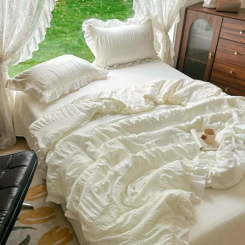 

Летнее одеяло корейской принцессы — кремовый хлопок с оборками, охлаждающее одеяло для девочек (простой и легкий)