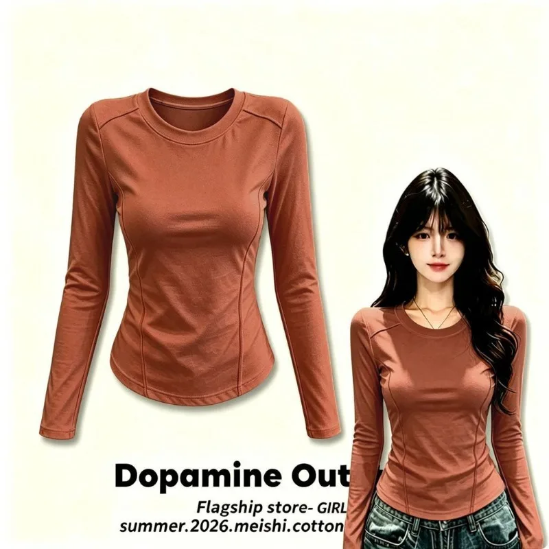 Round Neck Seam Line Long Sleeve Top Women Solid Color Slim Fit Autumn Dopamine Elegant Casual Shirt