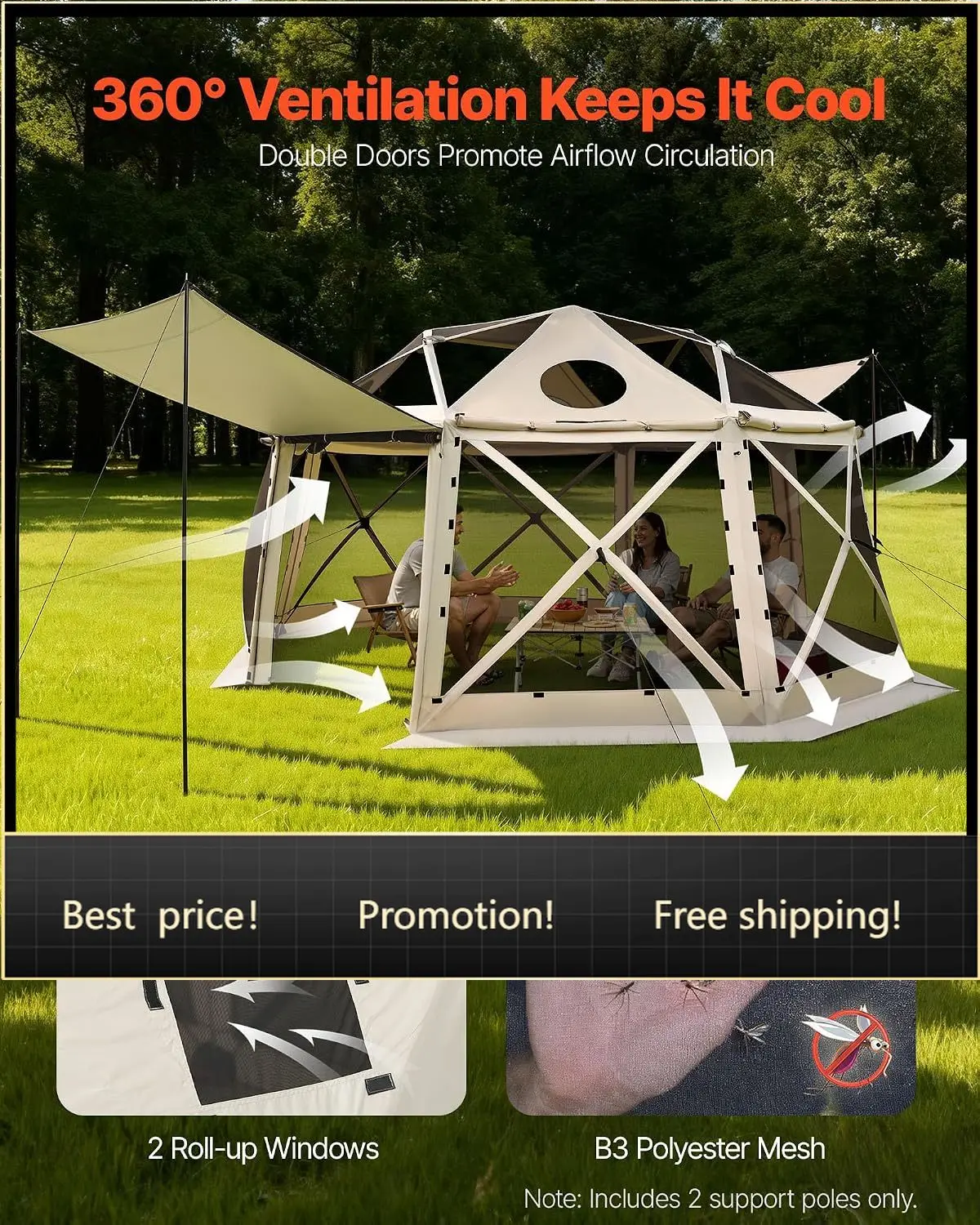 Pop up Gazebo Screen Tent, 15 x 15 ft, 13-Sided Spherical Camping Canopy Tent with Removable Top & Carry Bag, Quick-Set & Bite-P