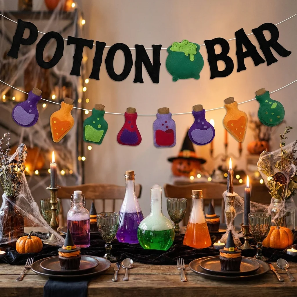 Vintage Halloween Felt Potion Bar Banner-Horrible Witches Haunted House Theme Magic-Halloween Festival Holiday Parfty Decor
