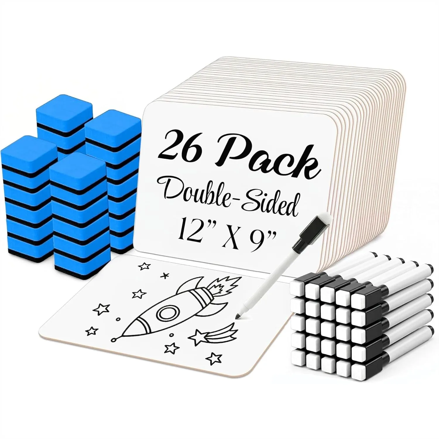 

26 Pack Dry Erase Lapboards 12x9 Inch Double Sided with 26 Markers & Erasers Bulk Mini White Boards for Students Kids Teachers