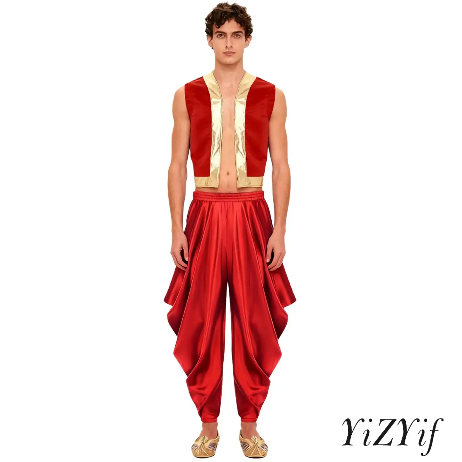 

Opulent Arabian Prince Costume Set for Men Open Front Vest And Flowy Harem Pants for Halloween Themed Parties Cultural Events