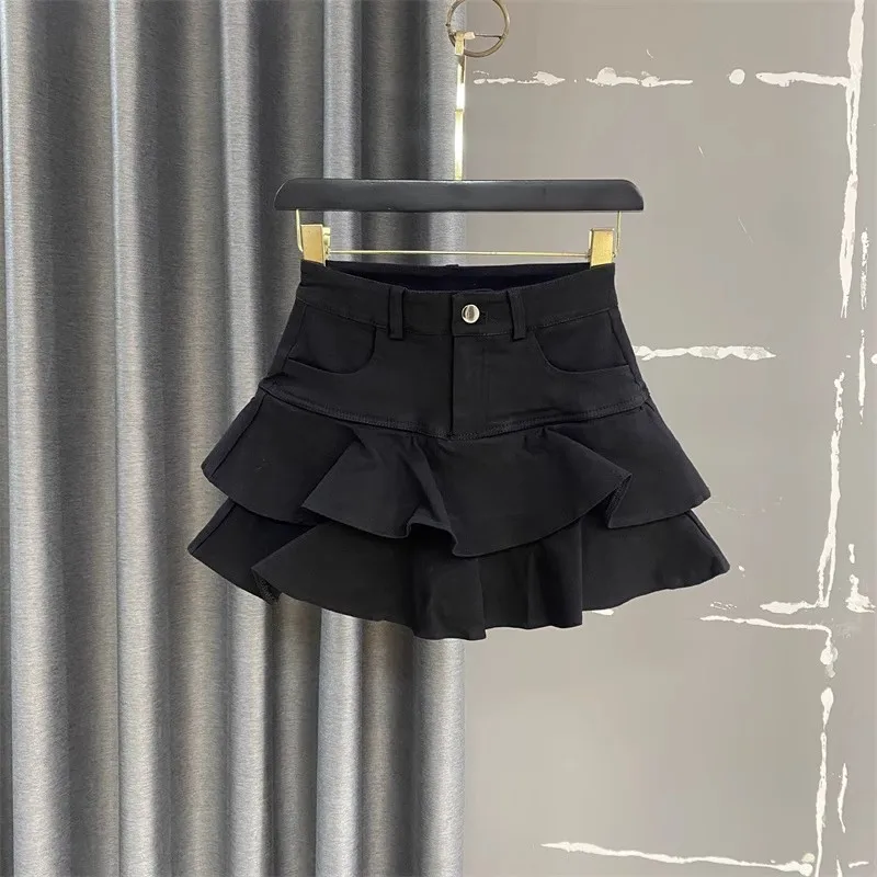 

Black High Waist A-Line Skirt Women's Summer 2025 Floral Design Slimming Denim Short Skirt Korean Style Cotton Blend