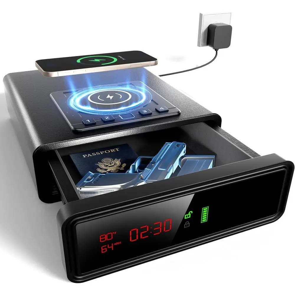 

Wireless Charging Biometric Smart Safe with Quick Access Drawer, Illuminated Keypad, Auto-Open Gun Storage, Humidity and Tempera