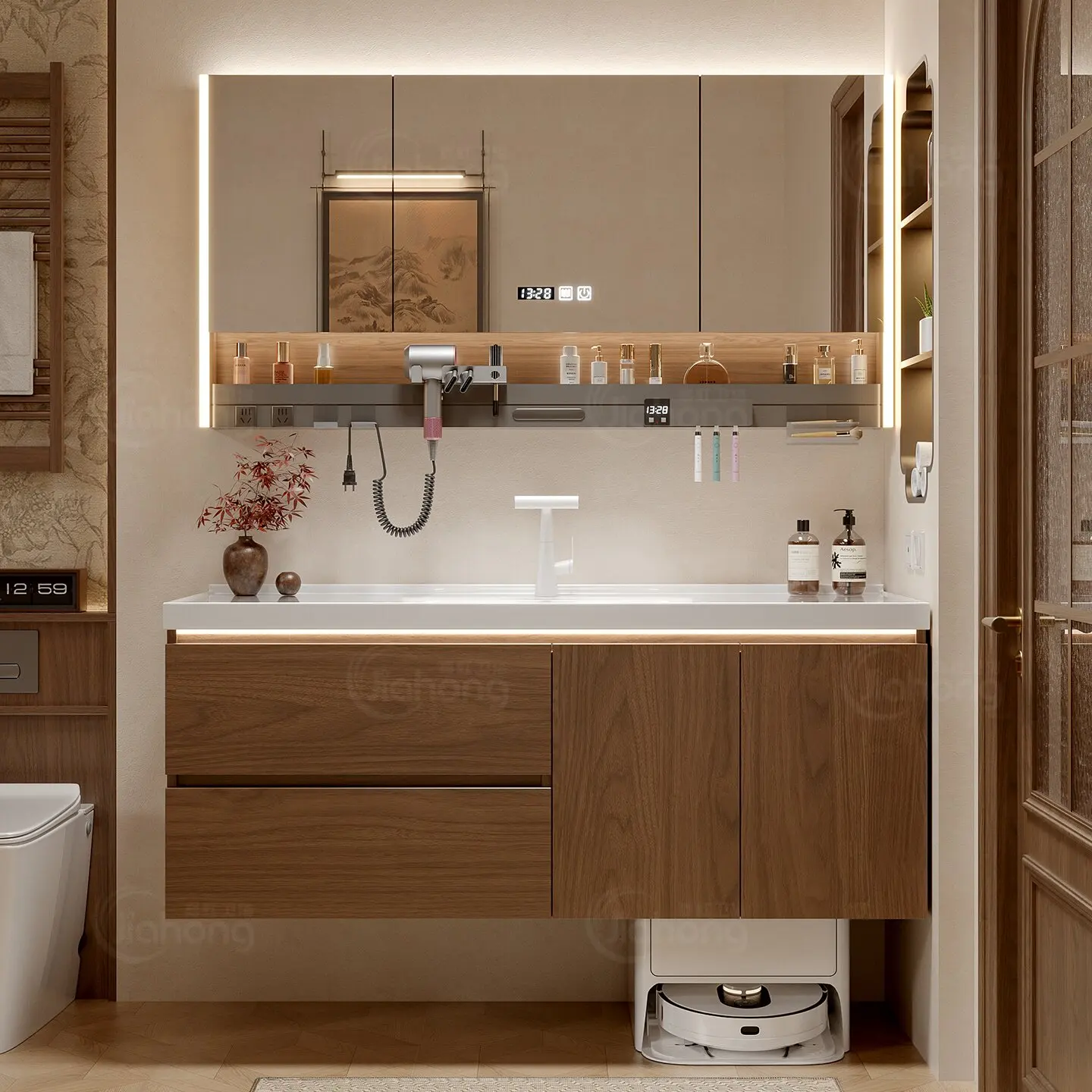 Ceramic integrated basin bathroom sink can hold a robot vacuum, sink cabinet, and bathroom cabinet combination