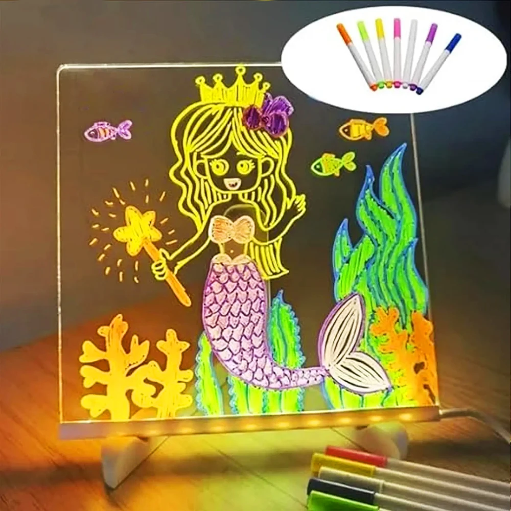 LED Note Board Night Light with 4/7 Colors Pen Lighted Acrylic Drawing Board Glowing Message Marker Board For Office School Home
