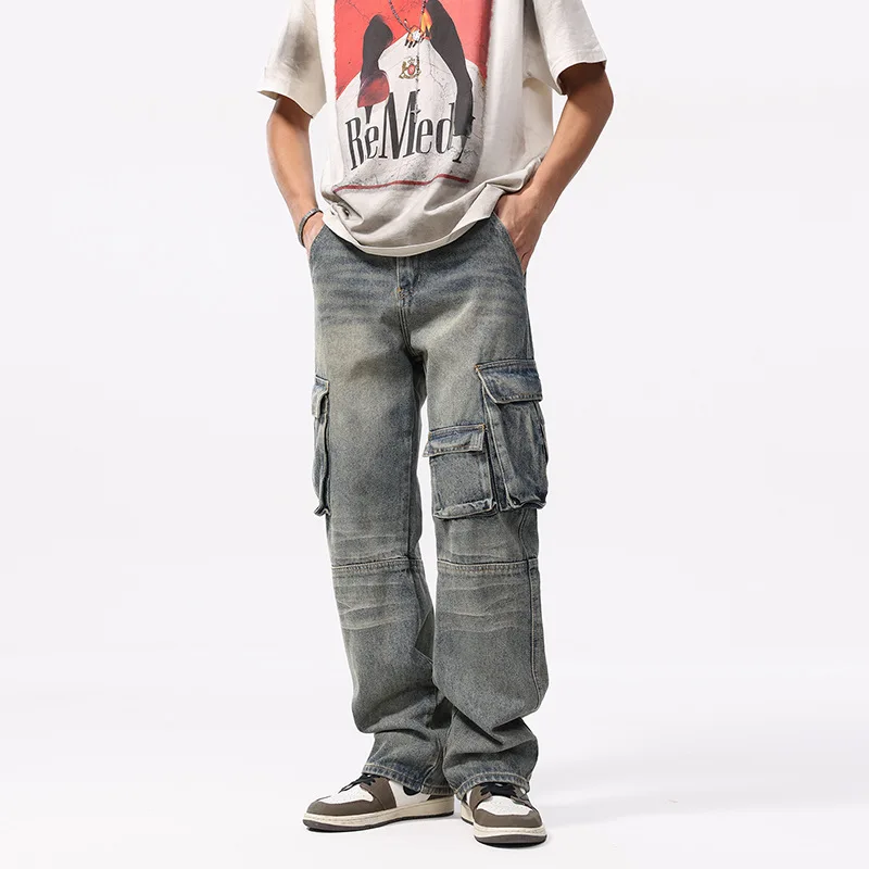 

659 new American high-end hip-hop retro tide high street loose versatile casual straight personalized jeans man
