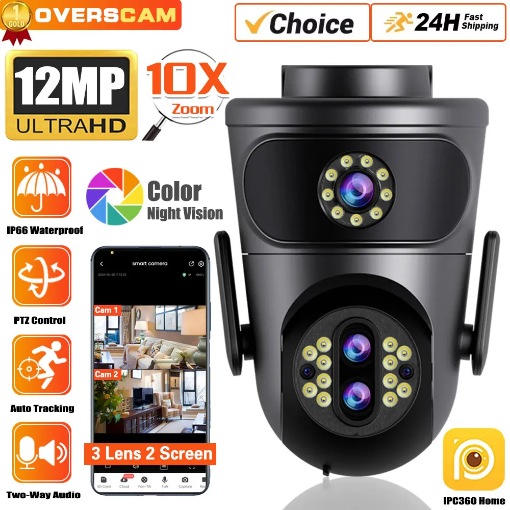 

12MP 6K Wifi PTZ Camera Outdoor 3 Lens 2 Screens 10X Zoom 360°Surveillance AI Human Detection Tracking CCTV Home Security Camera