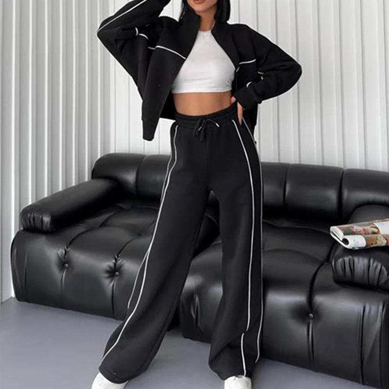 

Fashion High Street Long Sleeved Sweatshirt Suit Women Casual Lace Up Elastic Waist Pants Outfit 2024 Fall Loose Sports 2pc Set