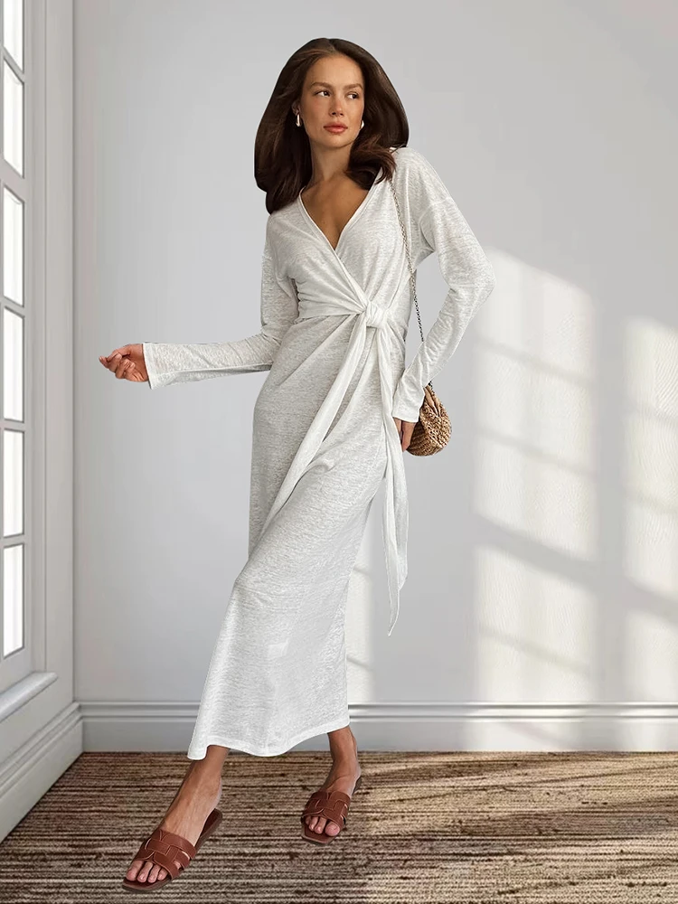 HiLoc Elegant Knitted White Robe Pajamas Women Fashion Solid V-Neck Long Sleeve Dress Elastic Lace-Up Long Robe Nightwears Sexy