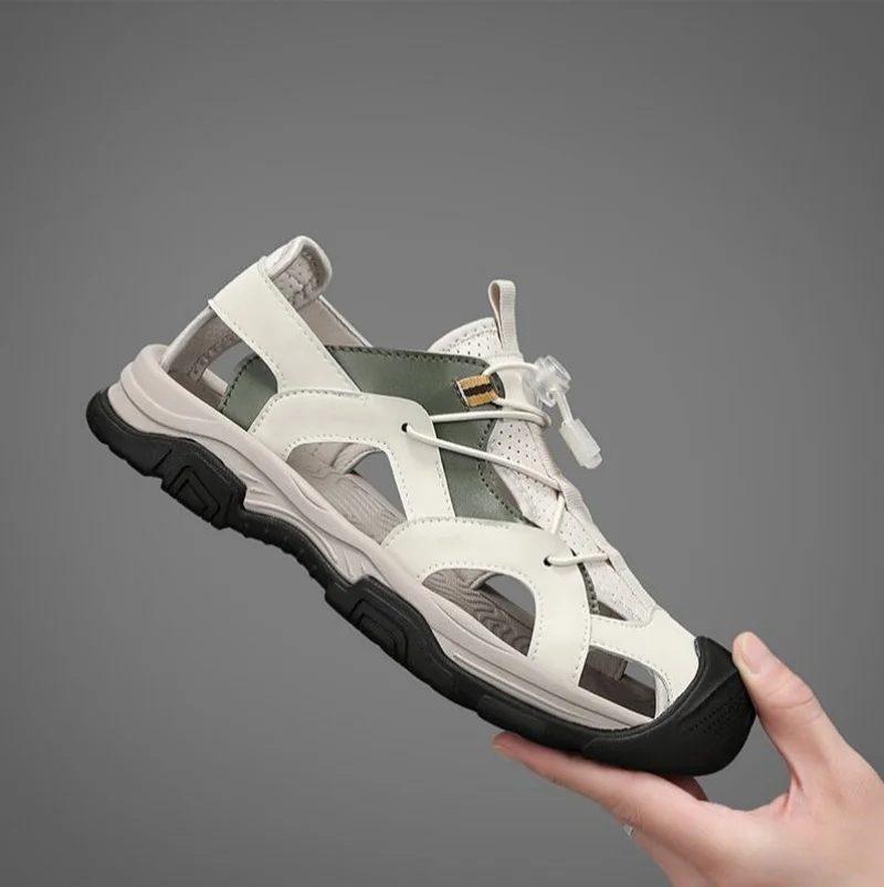 

Классические повседневные мужские кожаные сандалии, летняя пляжная обувь для прогулок, уличные мужские кожаные римские сандалии на плоской подошве, дышащие, нескользящие, с открытым носком