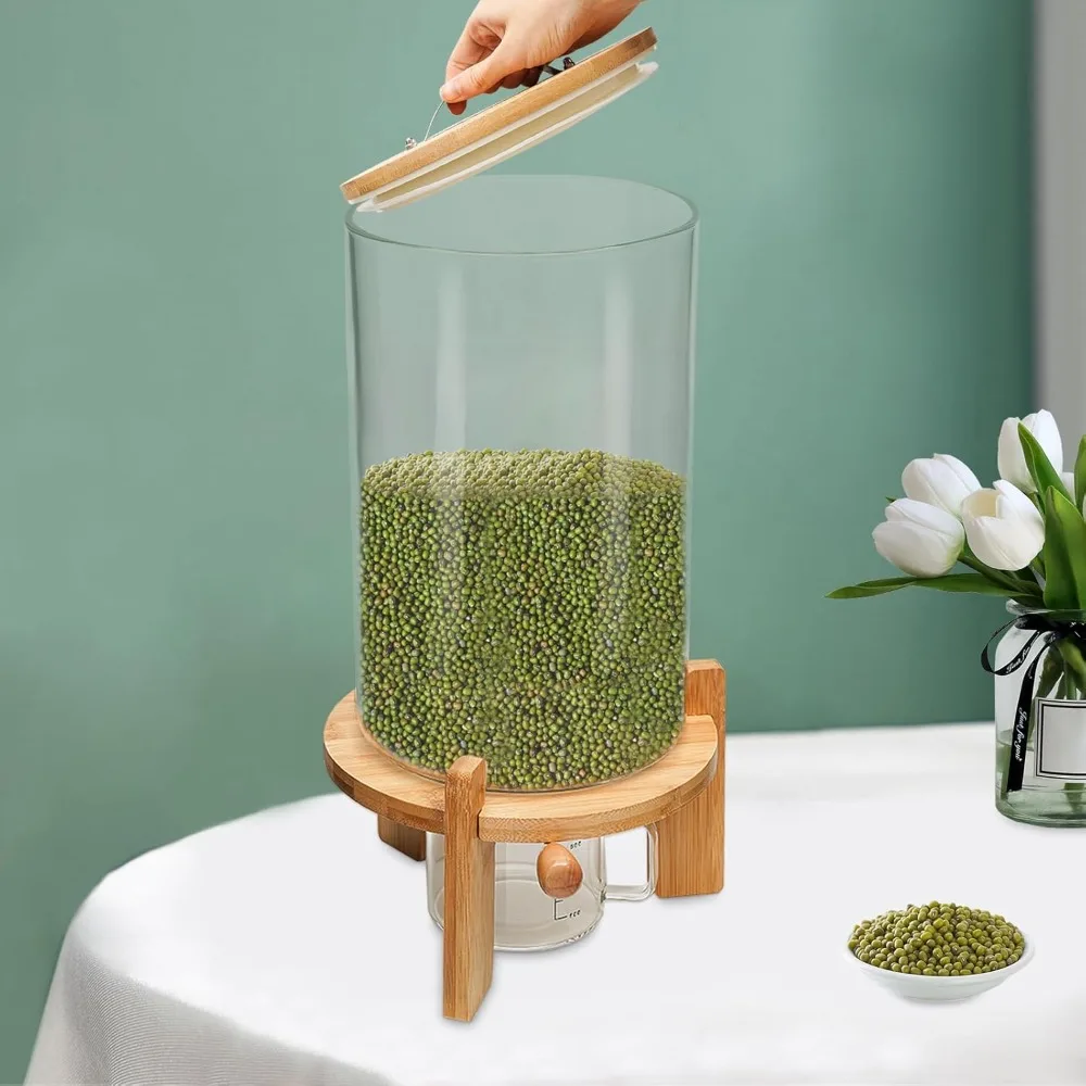 Tanque de almacenamiento de avena de 75 L, contenedor de harina y cereales con tapa hermética y soporte de madera, contenedor de vidrio para alimentos, dispensador de arroz