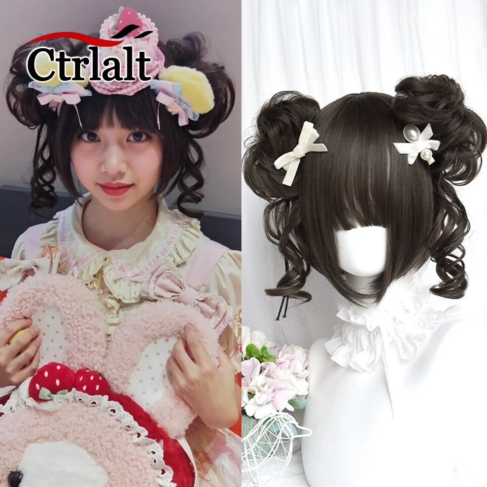 

Short Straight Bob Lolita Wig with Hair Bun Synthetic Green Blonde Hair For Cosplay Daily Party Wig With Bangs for Women