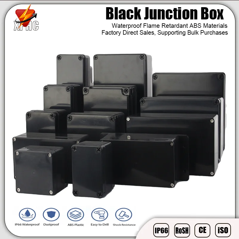 

IP67 Black Box ABS Waterproof Housing Electronic Safe Case Plastic Boxes Wire Junction Box Flame-Retardant Electrical Instrument
