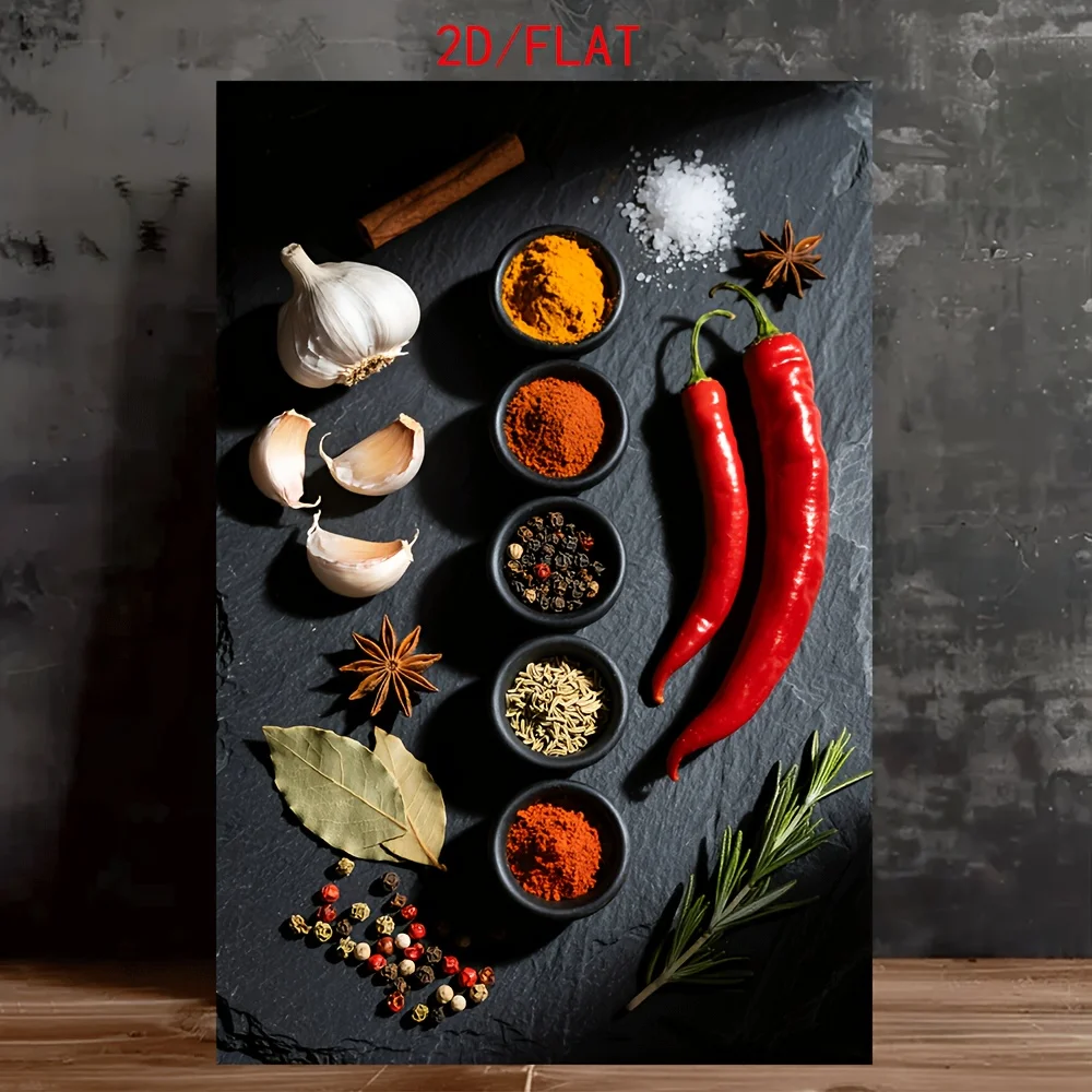 2D Flat 1pc Frameless Canvas Wall Art - Modern Minimalist Spice-Themed Decor with Garlic, Chili Peppers & Herbs, High-Quality