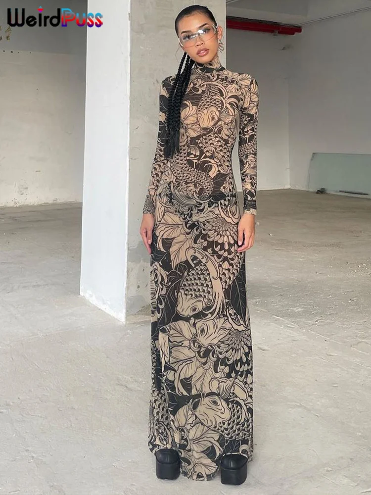 Weird Puss Mesh Print Women Maxi Dress Turtleneck Full Sleeve Bodycon Autumn Trendy Hipsters High Street Party Y2K Attirewear - Image 2