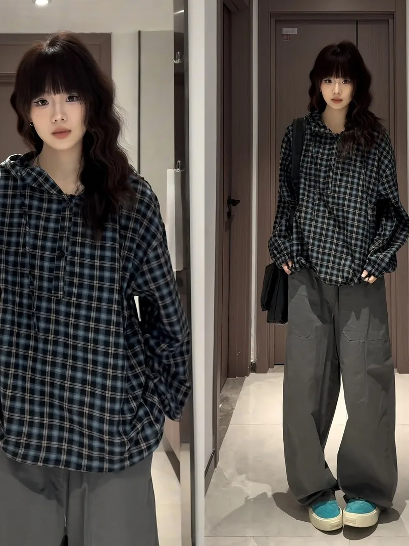 

Premium Plaid irt Men's Loose Casual Hoodie Spring Faion Couple Outerwear Trendy Button up Long Sve Polyester Fiber