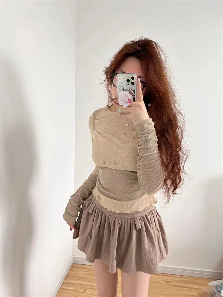 Y2k 2000s Sweet Skirt 2Piece Sets Women Korean Fashion Harajuku Long Sleeve Top+A-line Mini Skirts Suits Vintage Spring Outifits