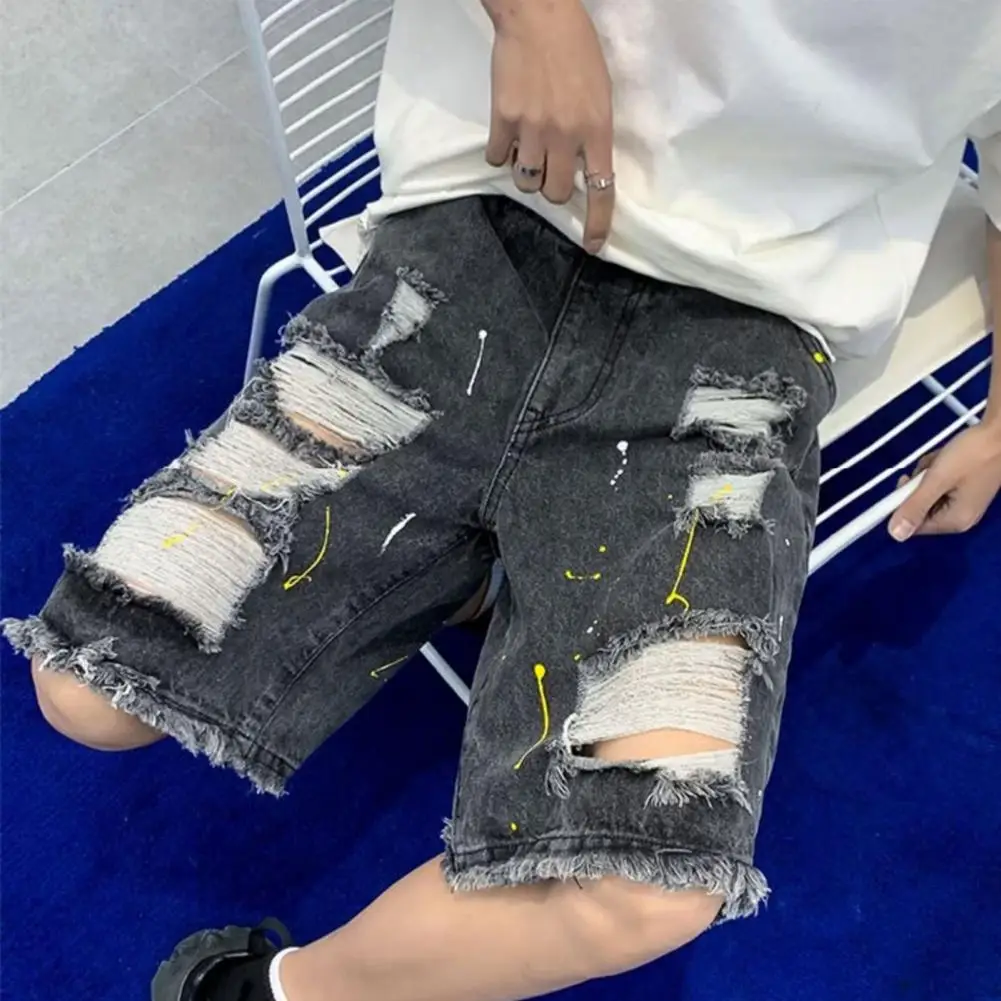 Men Slim Fit Denim Shorts Men's Summer Denim Shorts with Elastic Drawstring Waistband Pockets Casual Solid Color Wide Leg for A