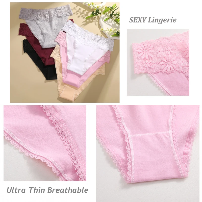 4PCS/Set Sexy Lace Briefs Women Cotton Panties Solid Color Comfortable Underwear Female Lace Splicing Sexy Lingerie Intimates