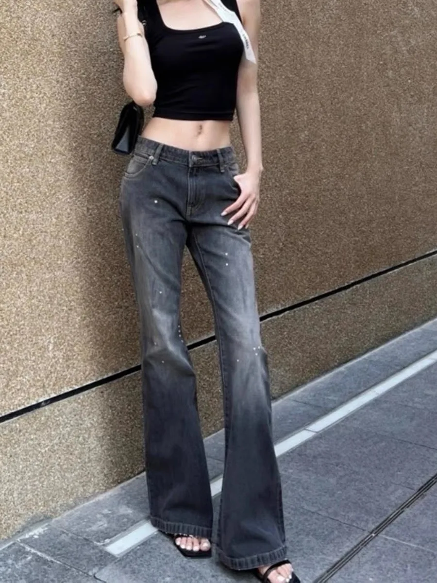 High Waist Flared Jeans Women's Spring 2026 Black Grey Splashed Ink Denim Pants Slimming Long Trousers Casual Cotton Zipper