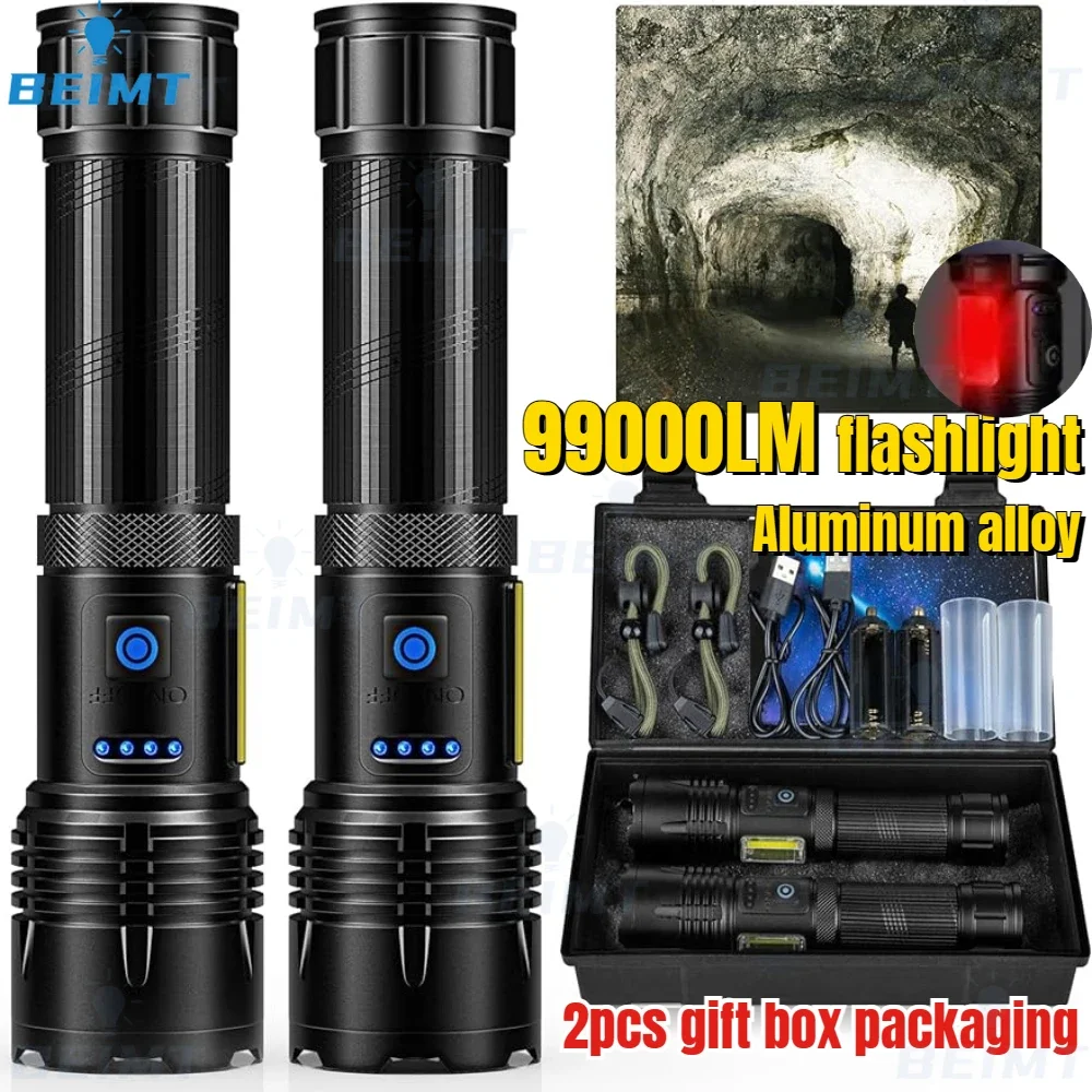 99000LM High Power Tactical Flashlight White Laser Aluminum Alloy Torch 18650 Built-in Battery Outdoor Emergency Spotlights