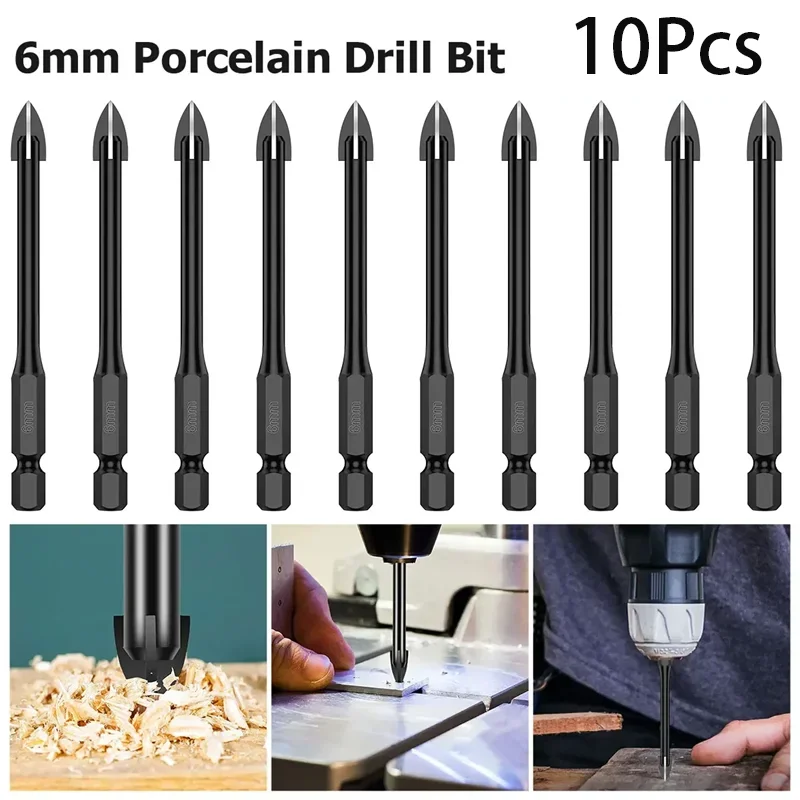 10pcs 6mm Cross Hex Shank Tile Drill Bit Set Triangle Diamond Drill Set Metal Drill Glass Ceramic Wood Tile Concrete Hole Opener