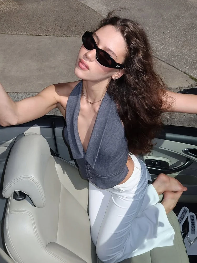 

Insglas Backless Sexy v-Neck Vests Women Bandage Single-Breasted Midnight High Street Summer New Trend Simple Classic Mini Tops