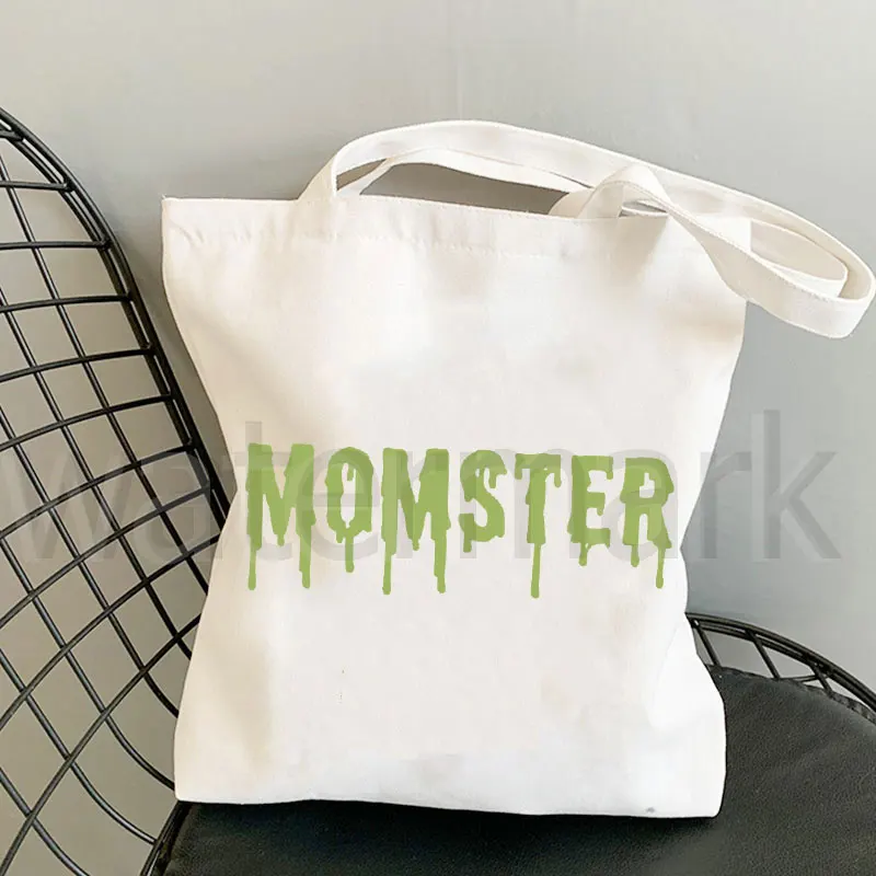 Women\'s Ulzzang Momster Tote Bag Mom Halloween Gift Shopping Bag Funny Mom Canvas Tote Funny Eco Foldable Shopping Bag Spooky