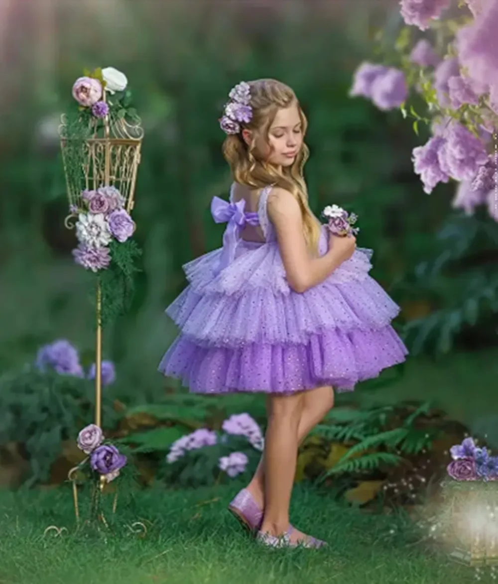 Customized Purple Flower Girl Dresses For Wedding Layered Backless Sequins With Bow Kids Birthday Party First Communion Gown