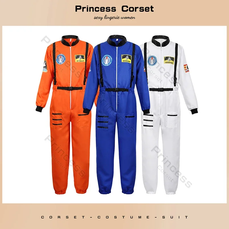 Disfraz de astronauta adulto para mujeres y hombres, traje de vuelo, disfraz de astronauta espacial, mono de cuerpo completo azul con cremallera, Carnaval