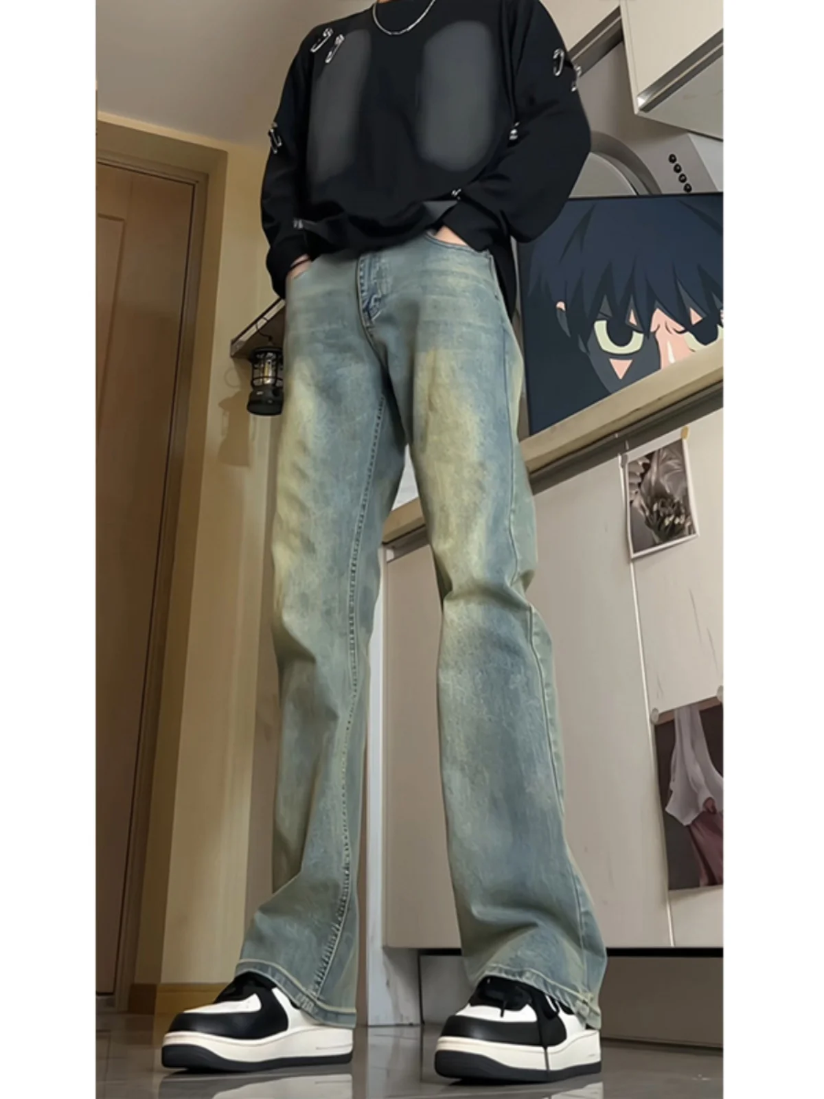 

Retro Blue Men's High Waist Slimming Jeans Trendy Teenage Narrow Version Knife Pants Straight Leg Wear Resistant Cotton ...