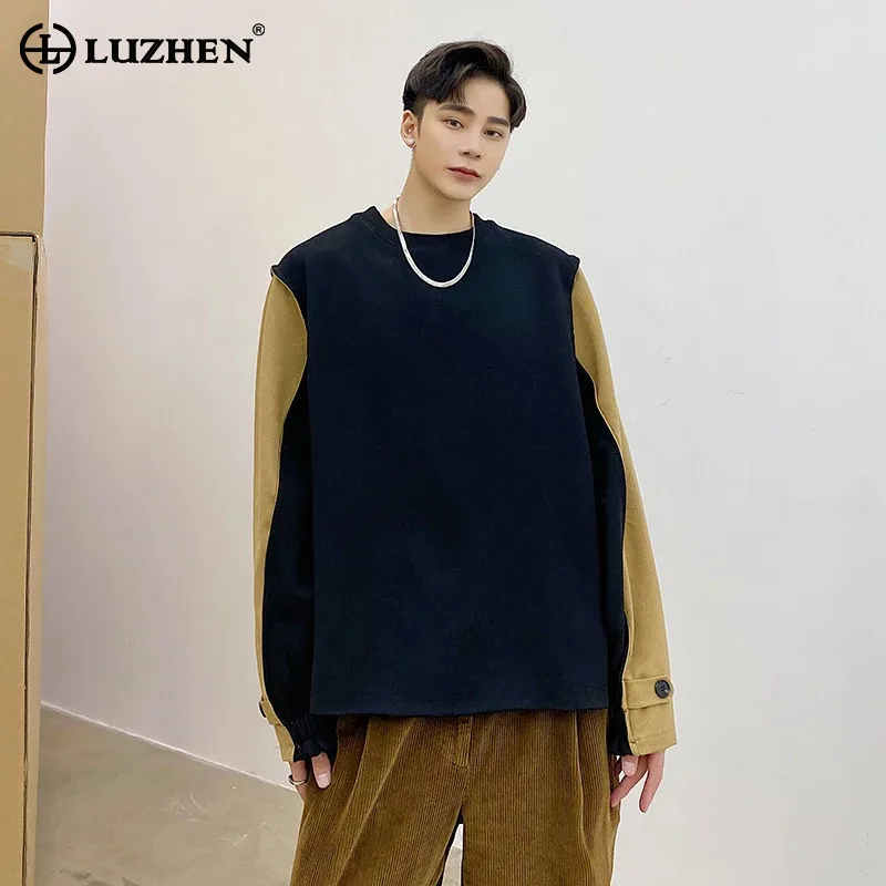 LUZHEN Design 2026 Spring Color Contrast Fake Two Piece Loose T-shirt Men's Fashion Handsome Loose Long Sleeve Sweatshirt JY8444