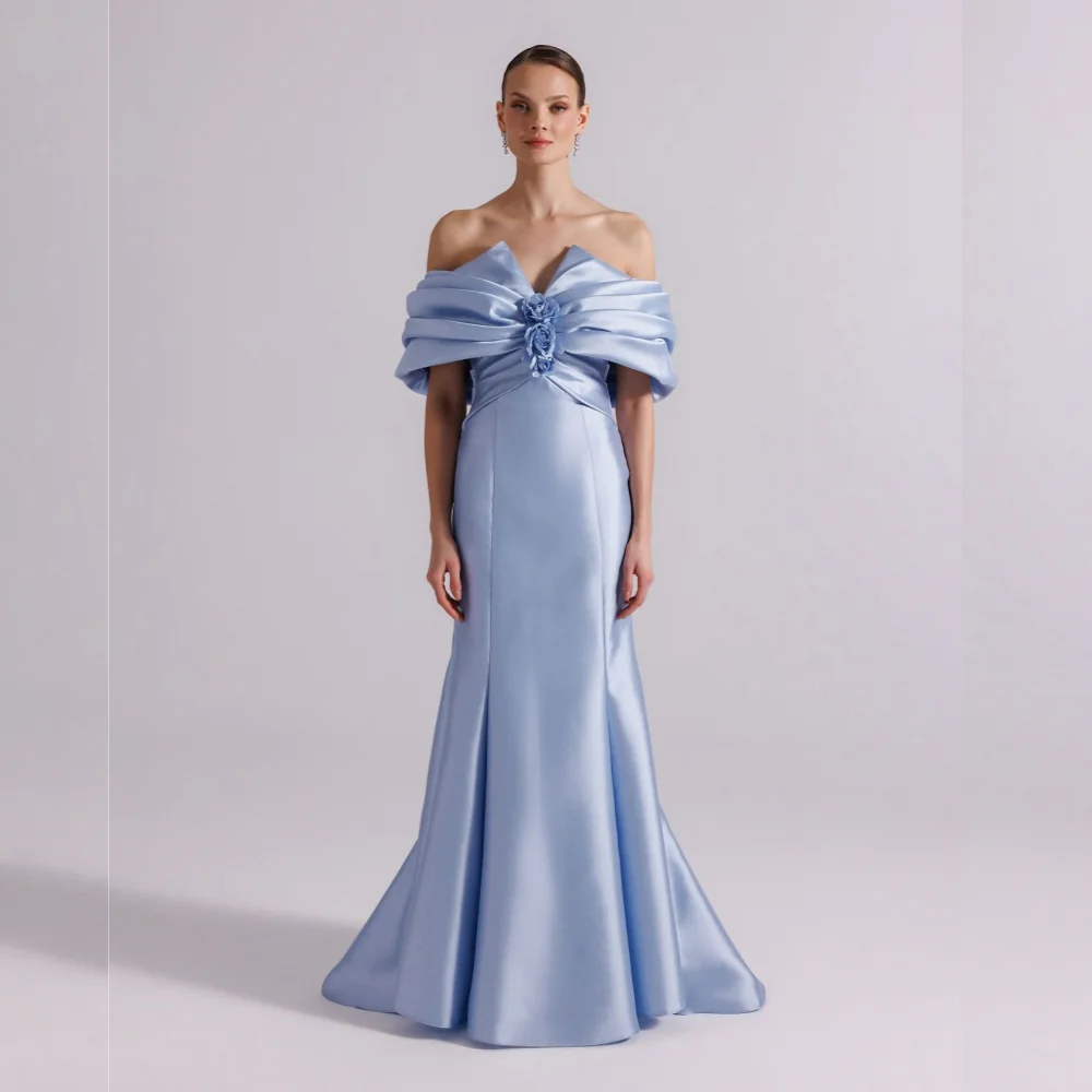 

Customized Charmeuse Pleat Flowers Temperament Off-the-shoulder A-line Bespoke Occasion Long Dresses Evening Elegant Party Gown