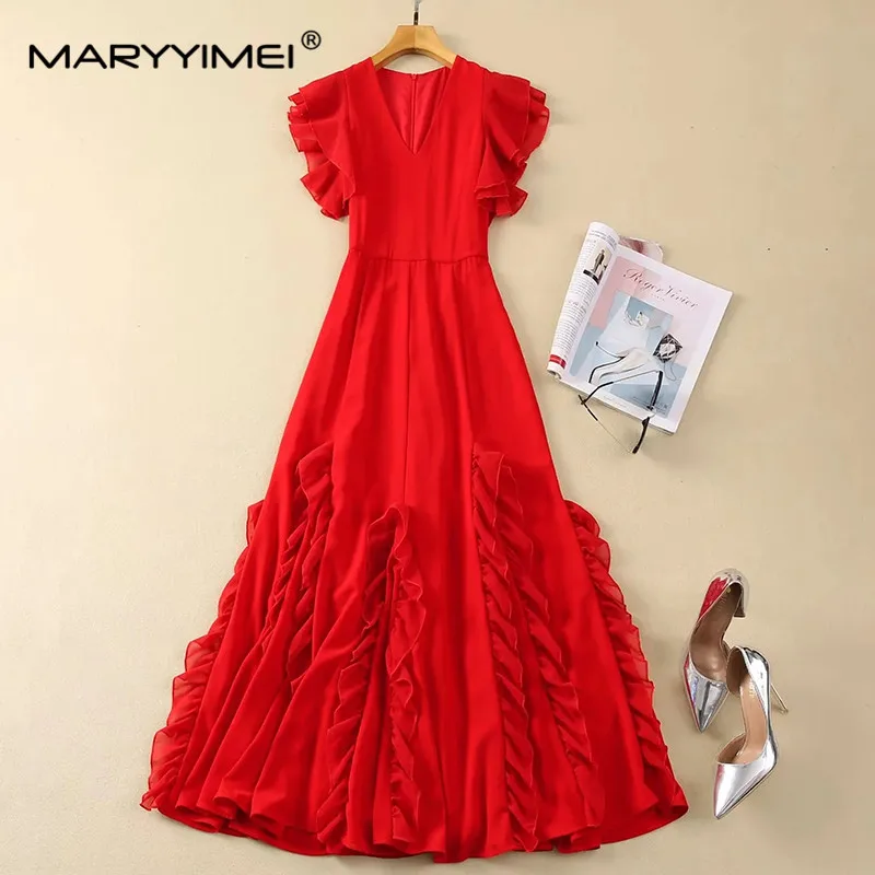 MARYYIMEI Fashion Summer Women's dress V-neck Butterfly Sleeve Slim High Waist Ruffles Red Party Elegant Holiday Dresses