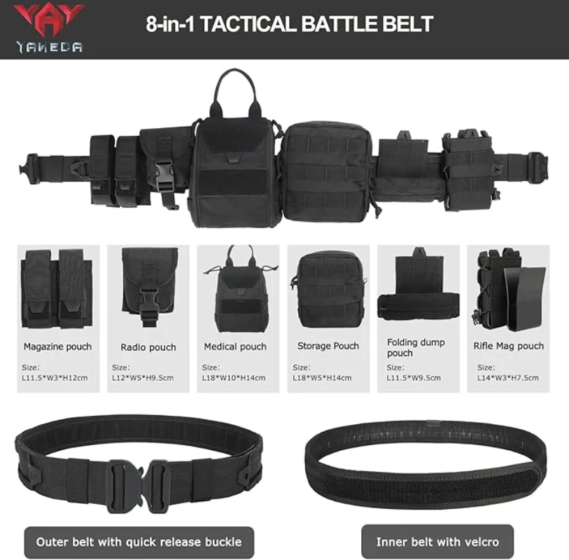 YAKEDA Molle Cinturón de batalla Molle Cinturón de combate táctico Airsoft Cinturón resistente con bolsas 8 en 1