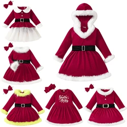 Kids Santa Claus Cosplay Princess Dress Children Christmas Bowknot Long Sleeve Xmas Theme Party Tutu Baby Girls New Year Outfits