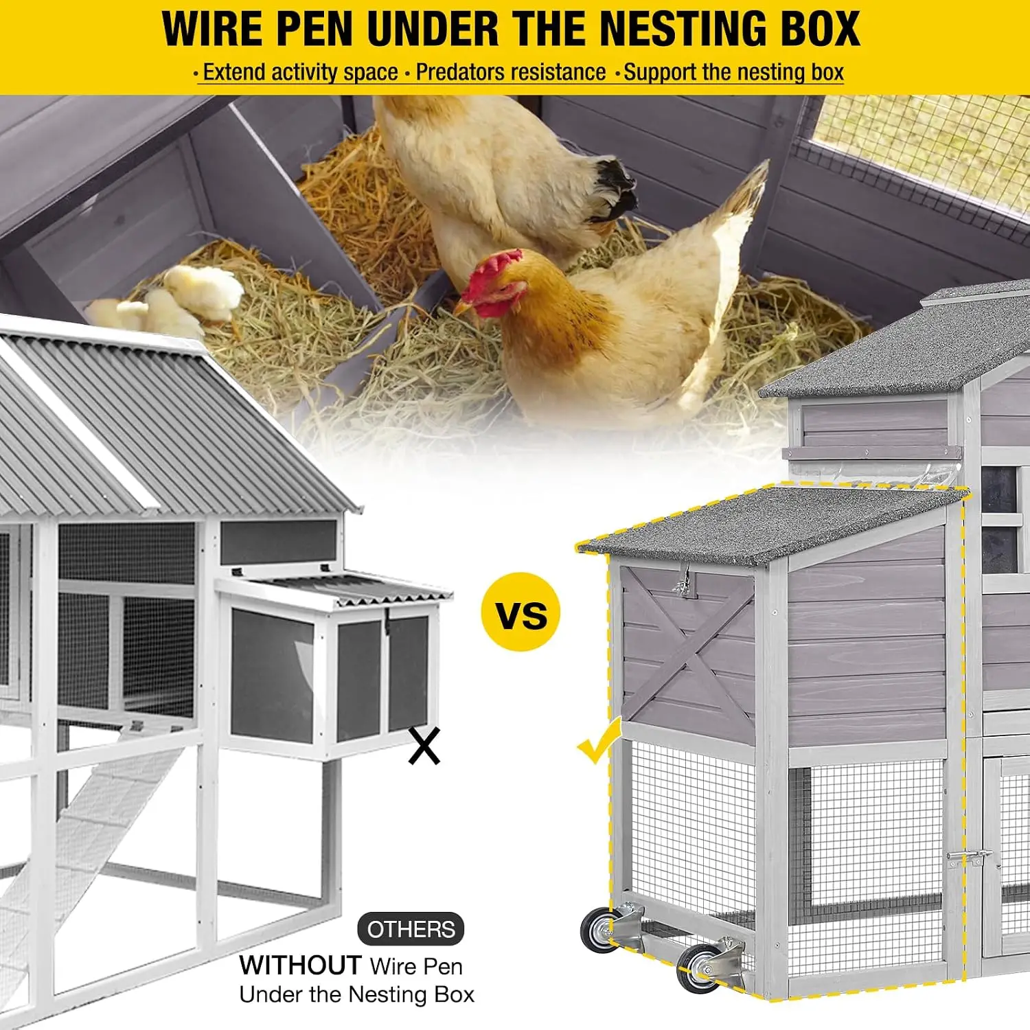 Chicken Coop Mobile Chicken House on Wheels Expandable Wooden Poultry Cage with Large Nesting Box Leakproof Pull-Out Tray Rabbit