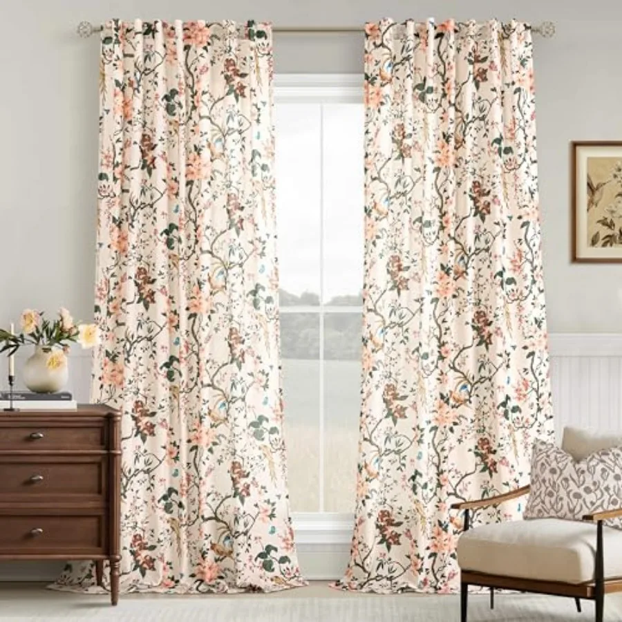 

120 Inch Floral Bird Curtains for Living Room 2 Panels Set Back Tab Rod Pocket Vintage Light Filtering Flower Patterned Print L
