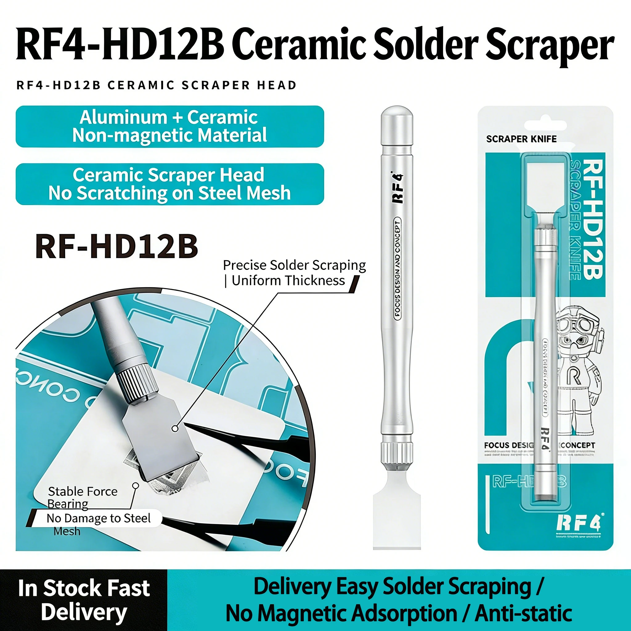 

RF4 RF-HD12B Ceramic Solder Scraper Knife Aluminum Ceramic Non-Magnetic Material Precise Solder Scraping Steel Mesh Protection