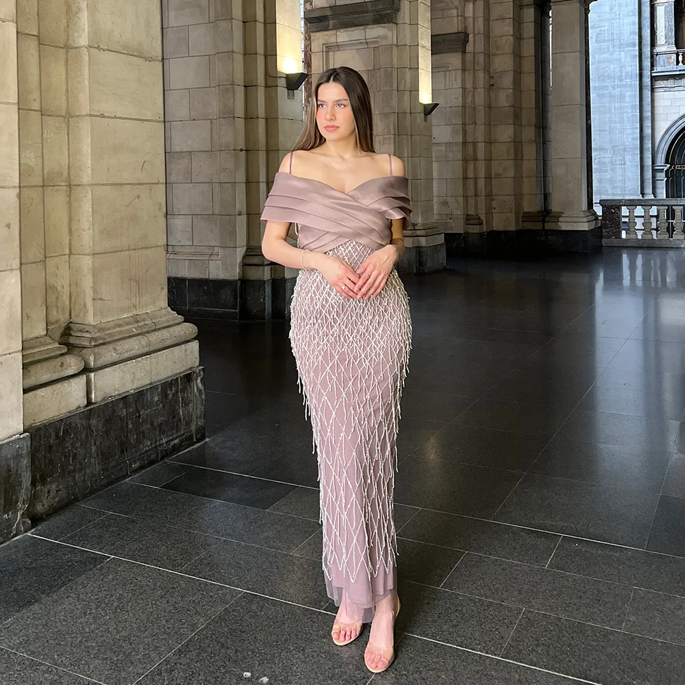 

Alinovia Elegant Dubai Mermaid Evening Dress Off-Shoulder Beads Tassel 2025 Formal Prom Wedding Party Gown for Women Customized